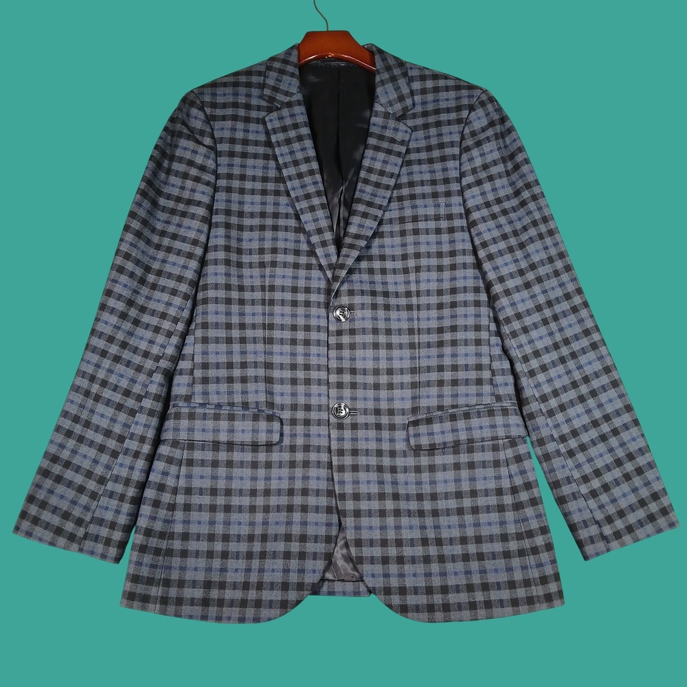 Topman Blazer Mens 36 Gingham Check Navy Grey Skinny Fit Suit Jacket